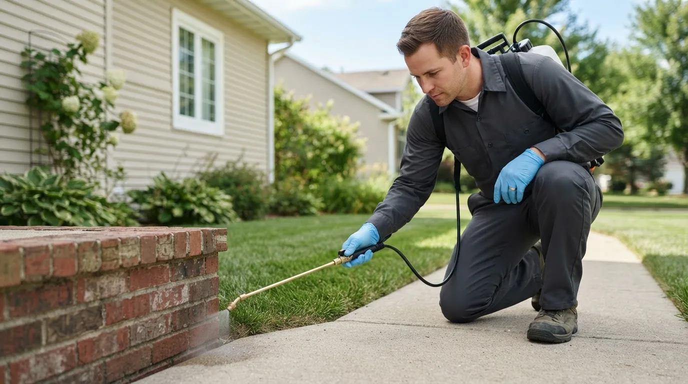 Pest control technician treating a home near Deshler, OH