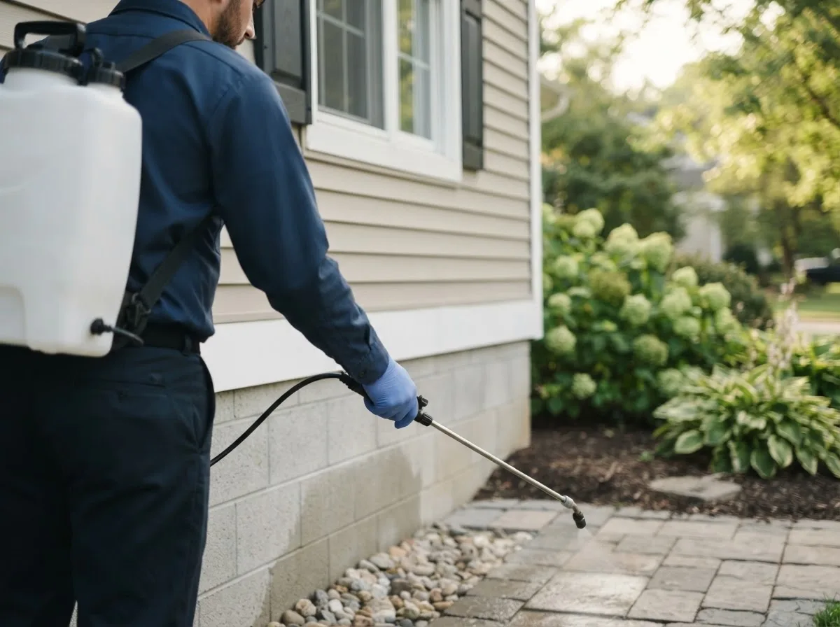 Pest control technician inspecting a home in Deshler, OH